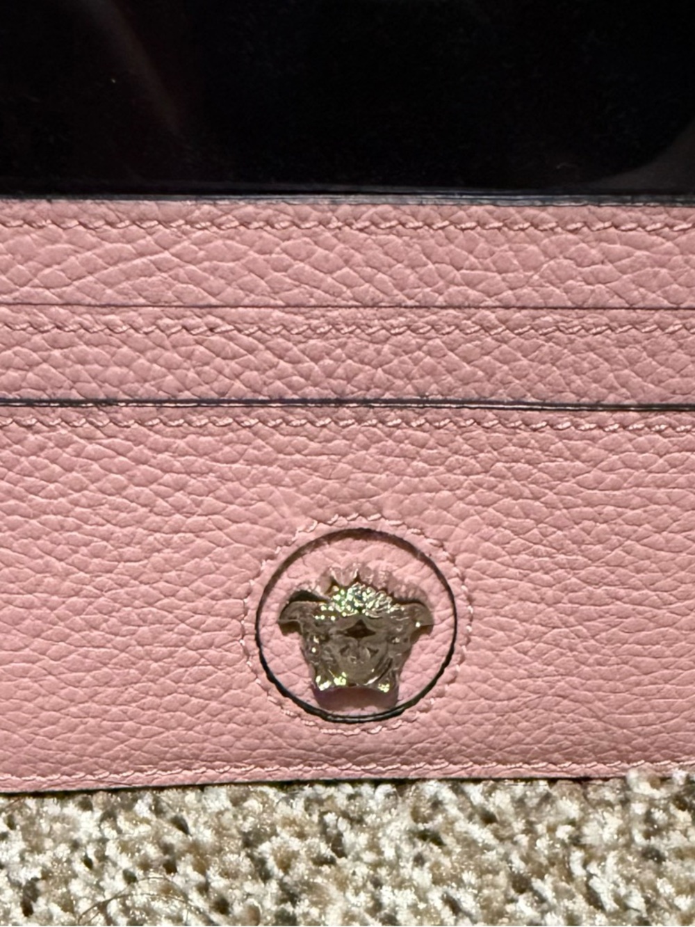 Versace Blush Pink Leather Card Sleeve with Gold Medusa Accent
